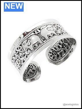 925 Sterling Silver Elephant Cuff Bangle Bracelet